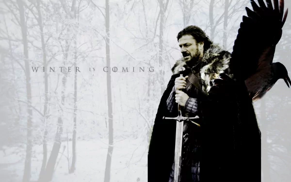 HD desktop wallpaper of a fur-clad medieval lord holding a sword with a raven on his shoulder in a snowy forest; faint text reads Winter Is Coming.