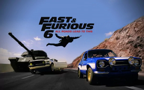 HD wallpaper featuring intense action from Fast & Furious 6, showcasing iconic cars and a dramatic scene with the tagline All Roads Lead to This.