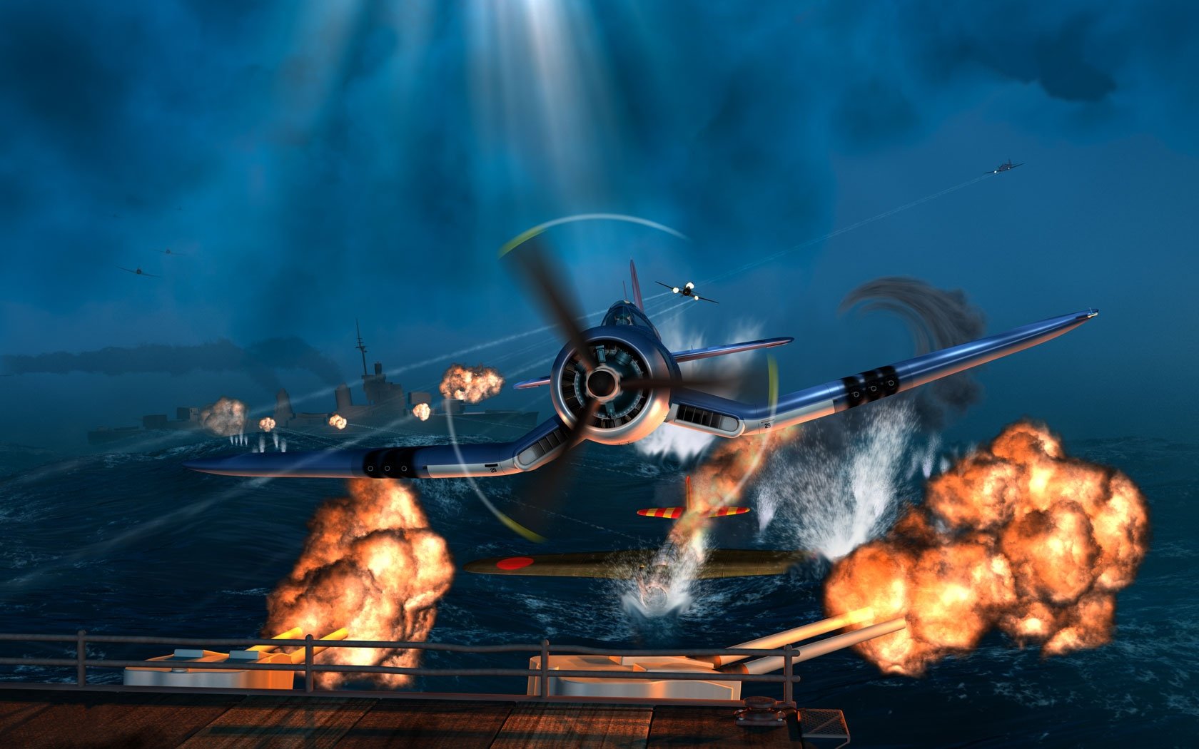 HD desktop wallpaper showing a military aircraft flying low over a naval battle scene with explosions and smoke under a dramatic, stormy sky.