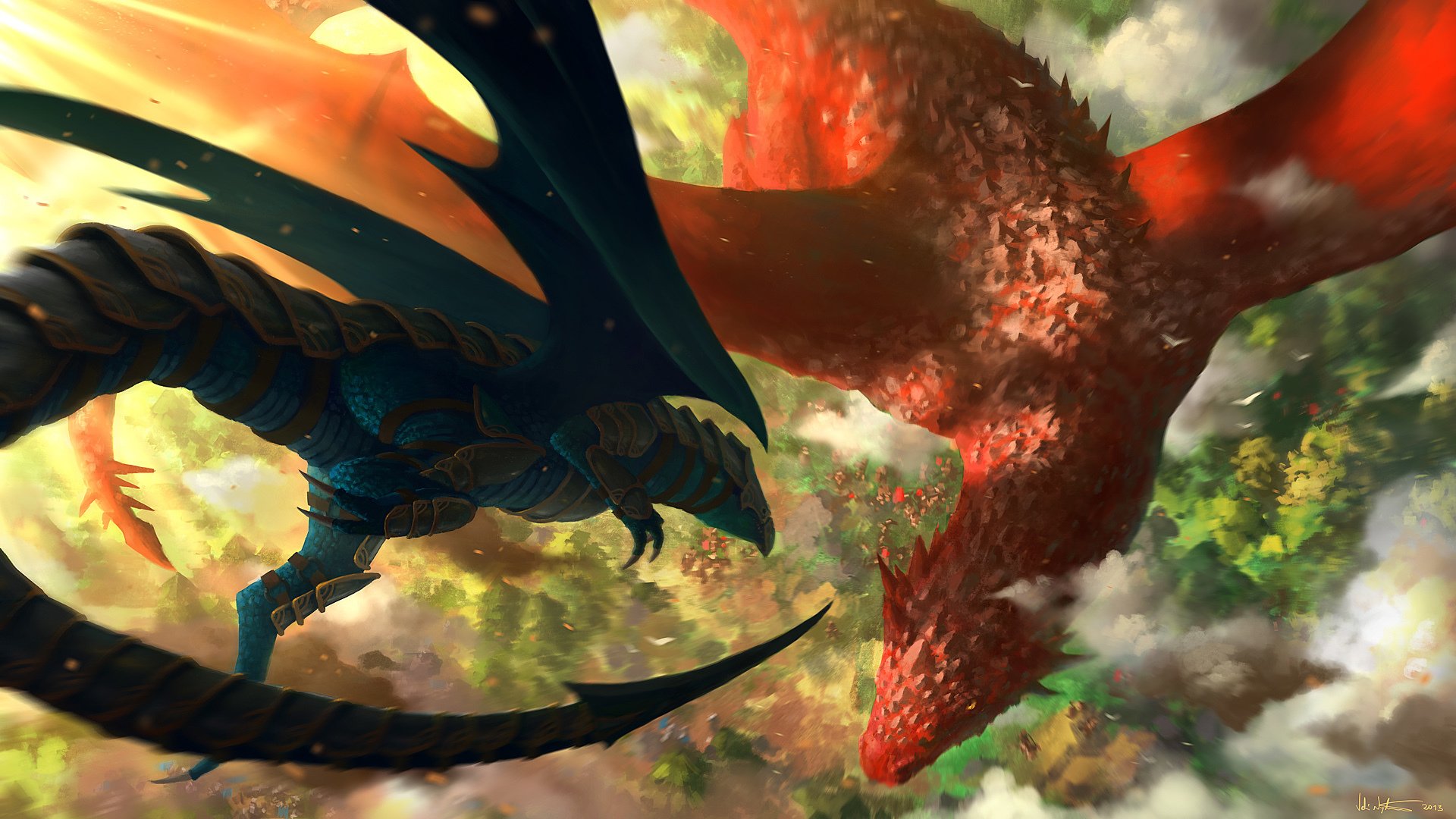 HD fantasy PC desktop wallpaper depicting an intense aerial battle between a blue and a red dragon amidst clouds and forested landscape below.