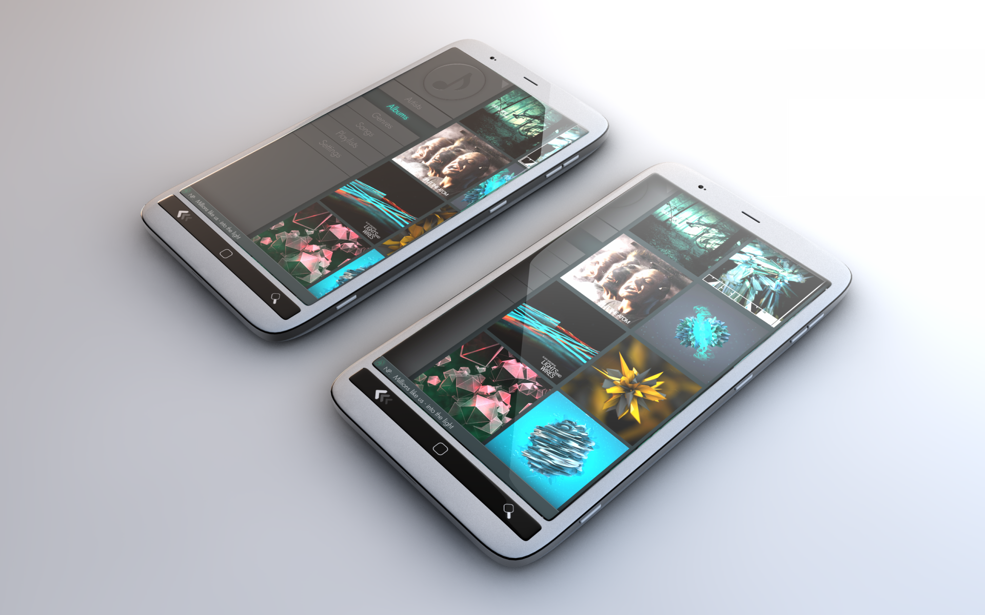 HD desktop wallpaper featuring two modern smartphones displaying vibrant technology-themed images on their screens.