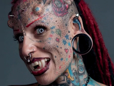 HD PC desktop wallpaper/background showing a heavily tattooed, body‑modified woman with pale eyes, stretched earlobe plugs, fang-like teeth, red dreadlocks and colorful facial tattoos.