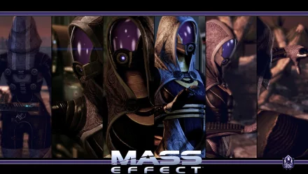 HD PC desktop wallpaper featuring Tali'Zorah from the video game Mass Effect, showcasing multiple close-up images of the character in her iconic attire.