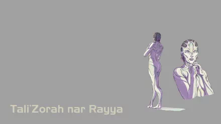 HD PC desktop wallpaper of Tali'Zorah from the Mass Effect video game: two stylized purple sketches of the quarian on a muted gray background with Tali'Zorah nar Rayya text.