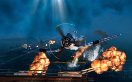 HD desktop wallpaper showing a military aircraft flying low over a naval battle scene with explosions and smoke under a dramatic, stormy sky.