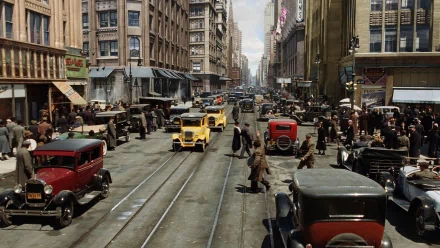 Vintage scene of a bustling Chicago street filled with classic cars and pedestrians, depicted in a high-definition desktop wallpaper.