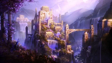 HD desktop wallpaper featuring a fantasy castle with surrounding waterfalls, bathed in purple hues and set within a mountainous landscape, creating a magical, otherworldly ambiance.
