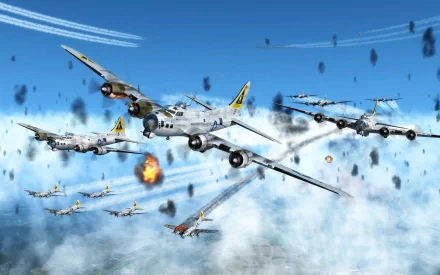 A dramatic scene showcasing Boeing B-17 Flying Fortresses in flight during World War II, surrounded by clouds and military action, depicted as a high-definition desktop wallpaper.