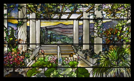 Artistic stained glass window depicting a lush garden with flowers, greenery, and distant mountains, rendered in vibrant colors for an 8K Ultra HD PC desktop wallpaper.