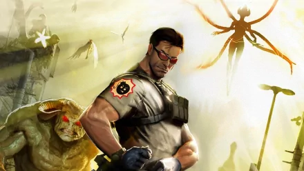 This HD desktop wallpaper features a striking image from the video game Serious Sam, showcasing a muscular character with a tactical stance amidst ominous creatures in a vibrant background.