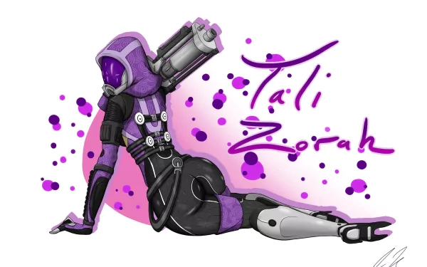 HD PC desktop wallpaper of Tali'Zorah from the Mass Effect video game series, featuring the character in her signature purple suit with a stylized purple background.