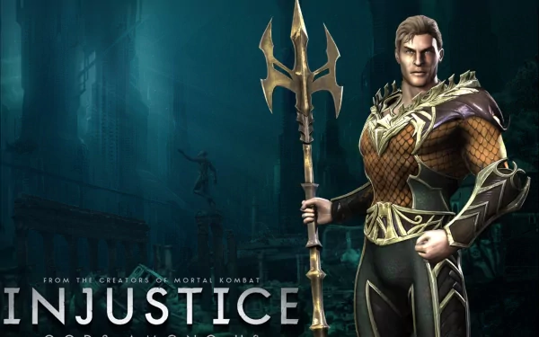 HD PC desktop wallpaper of Aquaman from the Injustice: Gods Among Us video game, armored and holding a trident against a dark underwater city backdrop.