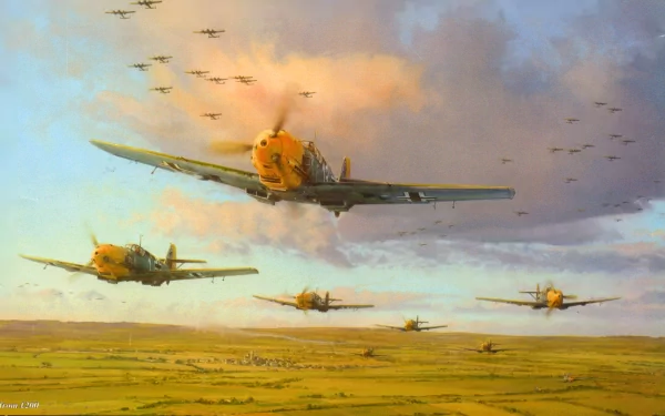 HD desktop wallpaper depicting a squadron of Messerschmitt Bf 109 military aircraft flying over a vast landscape at sunset.