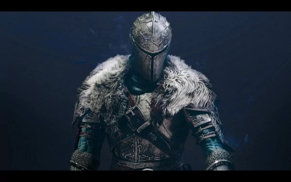 A detailed character from Dark Souls II stands in armor, adorned with fur, against a dark background, capturing the game's dark fantasy aesthetic in this HD PC desktop wallpaper.