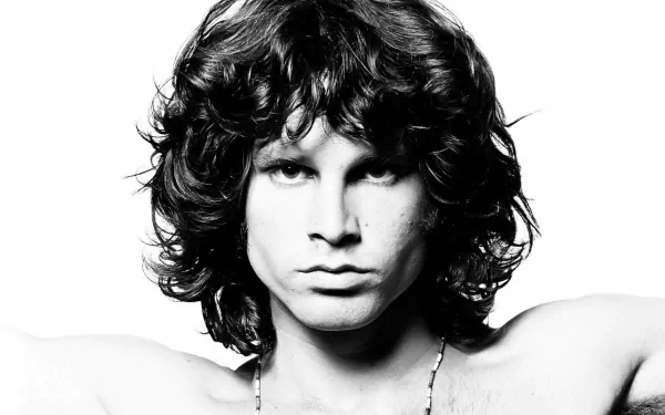 Black and white HD desktop wallpaper featuring a close-up portrait of Jim Morrison from The Doors, emphasizing his intense expression and iconic curly hair.