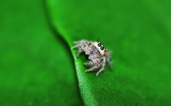 A close-up of a jumping spider perched on a green leaf, showcasing its intricate details. This vibrant image serves as an engaging HD desktop wallpaper.
