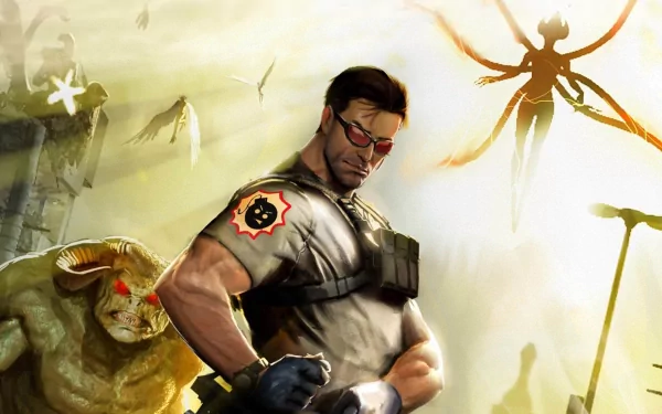 This HD desktop wallpaper features a striking image from the video game Serious Sam, showcasing a muscular character with a tactical stance amidst ominous creatures in a vibrant background.