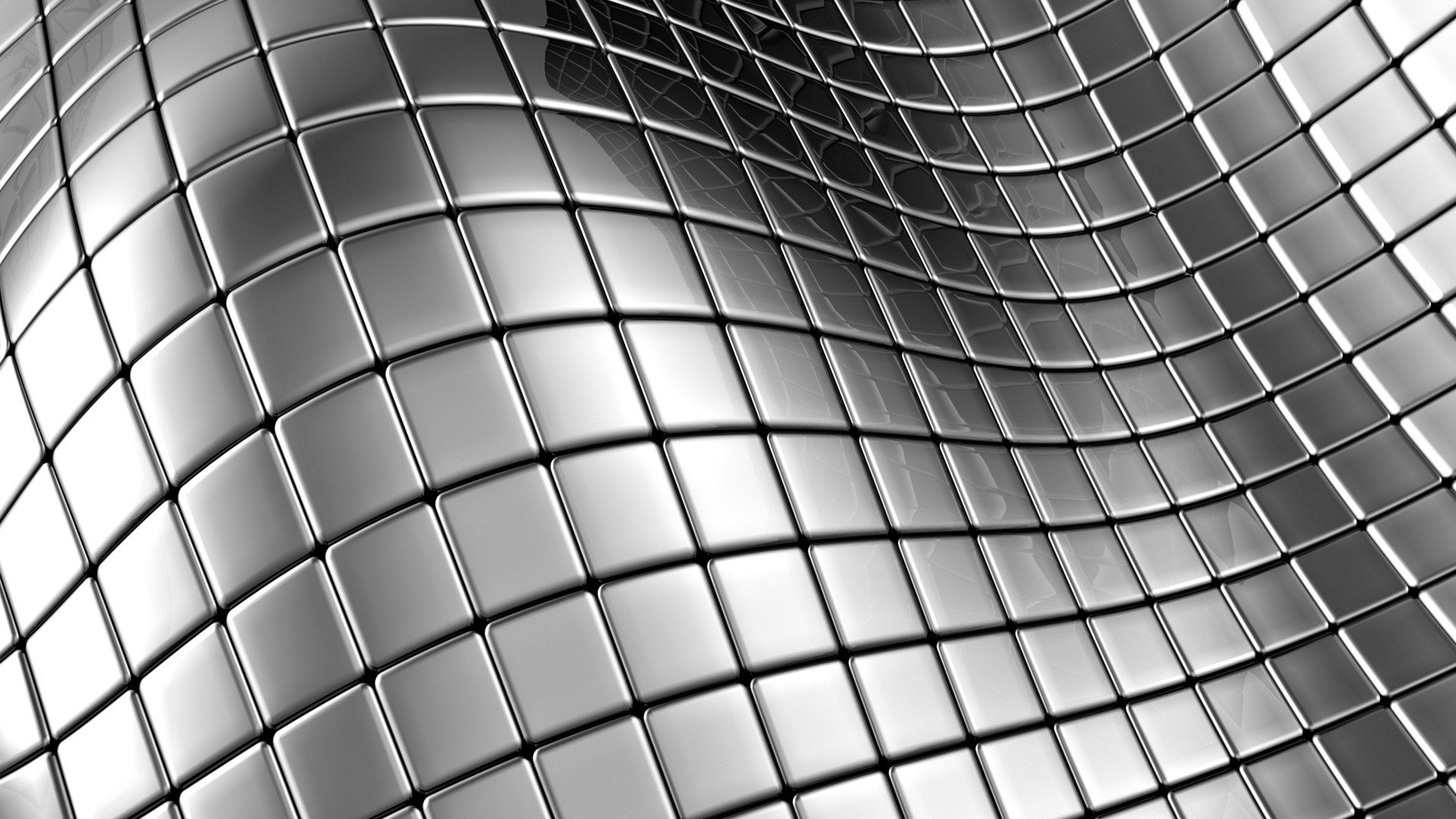 Abstract 3D CGI design featuring a smooth, wavy grid of reflective grey squares, presented as an HD PC desktop wallpaper and background.
