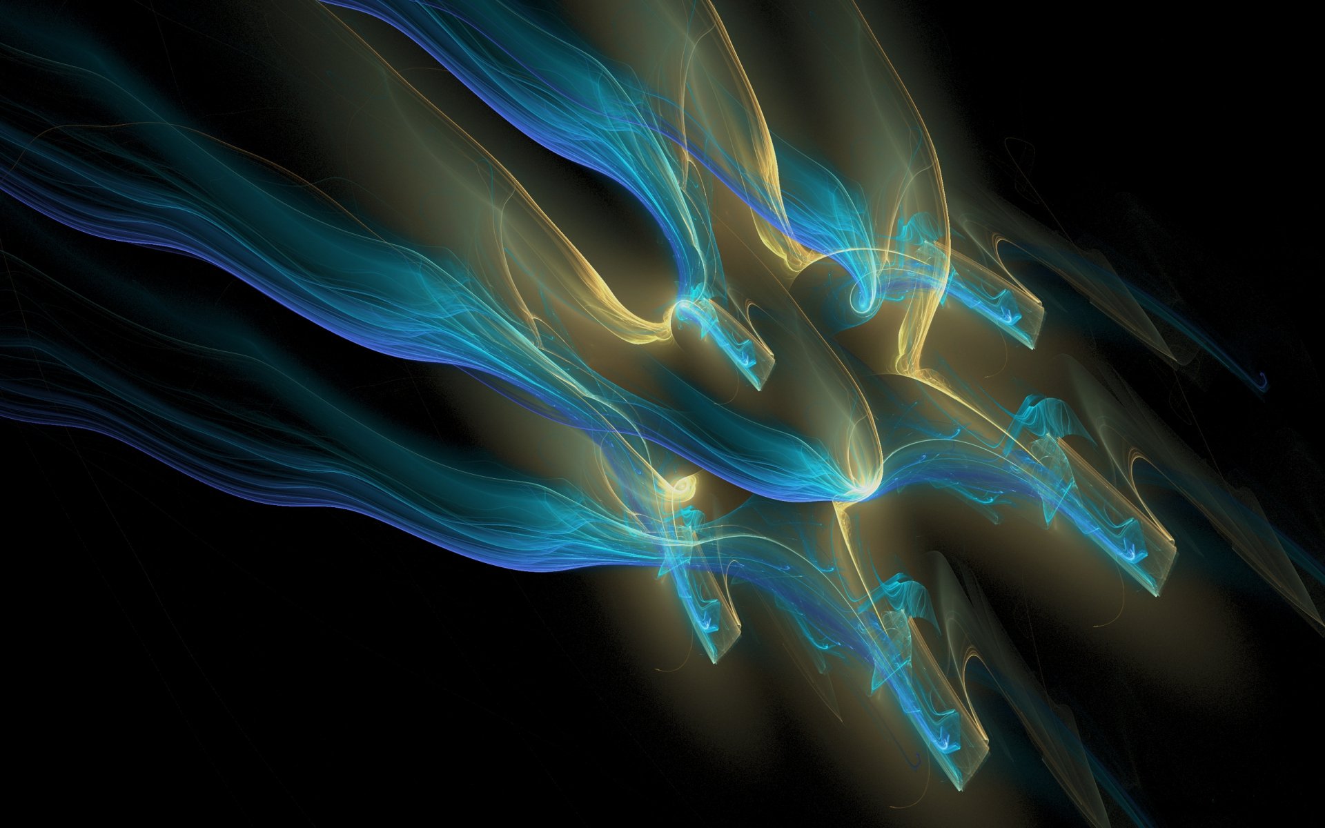 Abstract fractal design with flowing blue and gold streaks on a black background, presented as an HD PC desktop wallpaper and background.