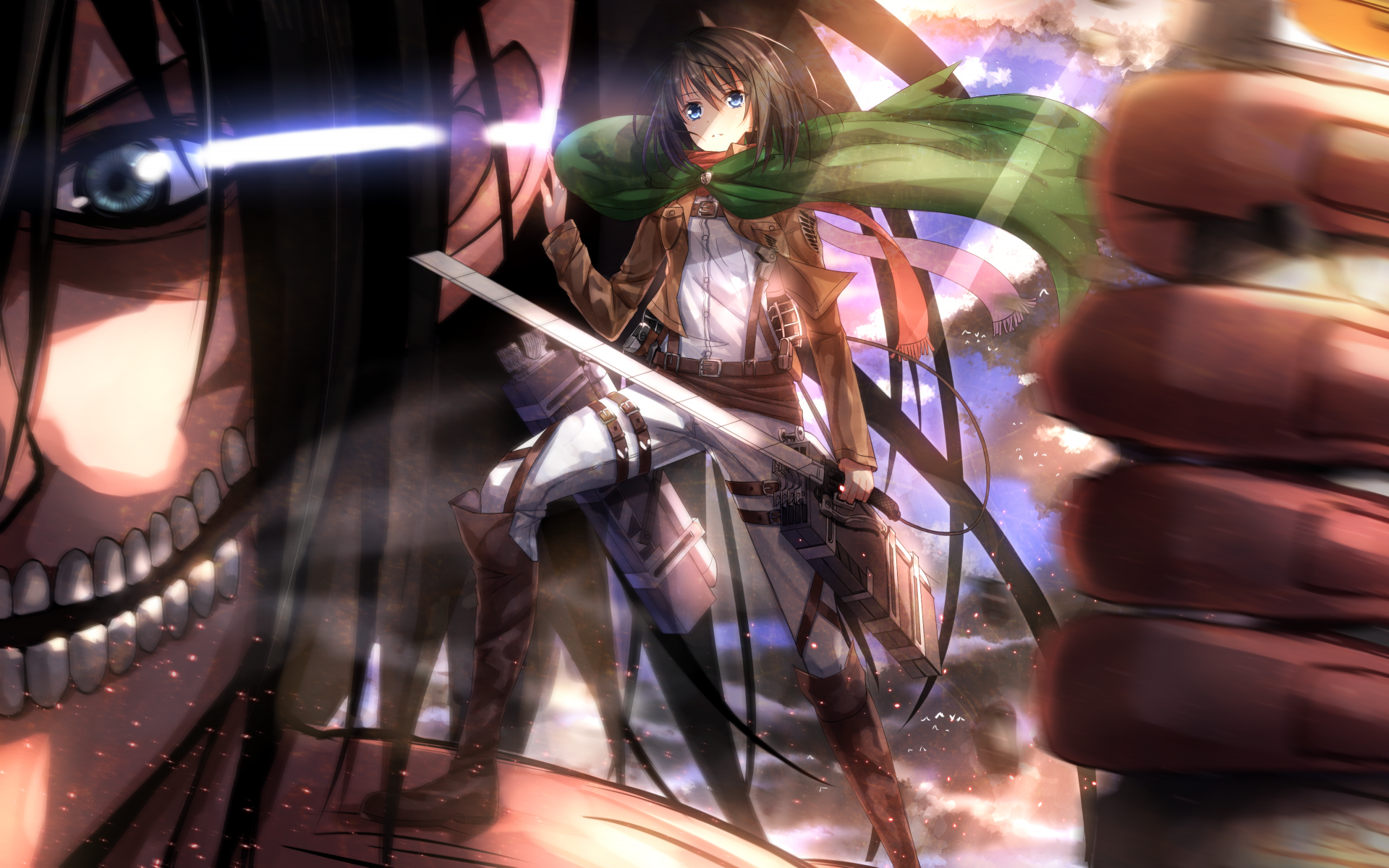 High-definition wallpaper featuring Eren Yeager and Mikasa Ackerman from the anime Attack on Titan, with a dynamic and dramatic background.