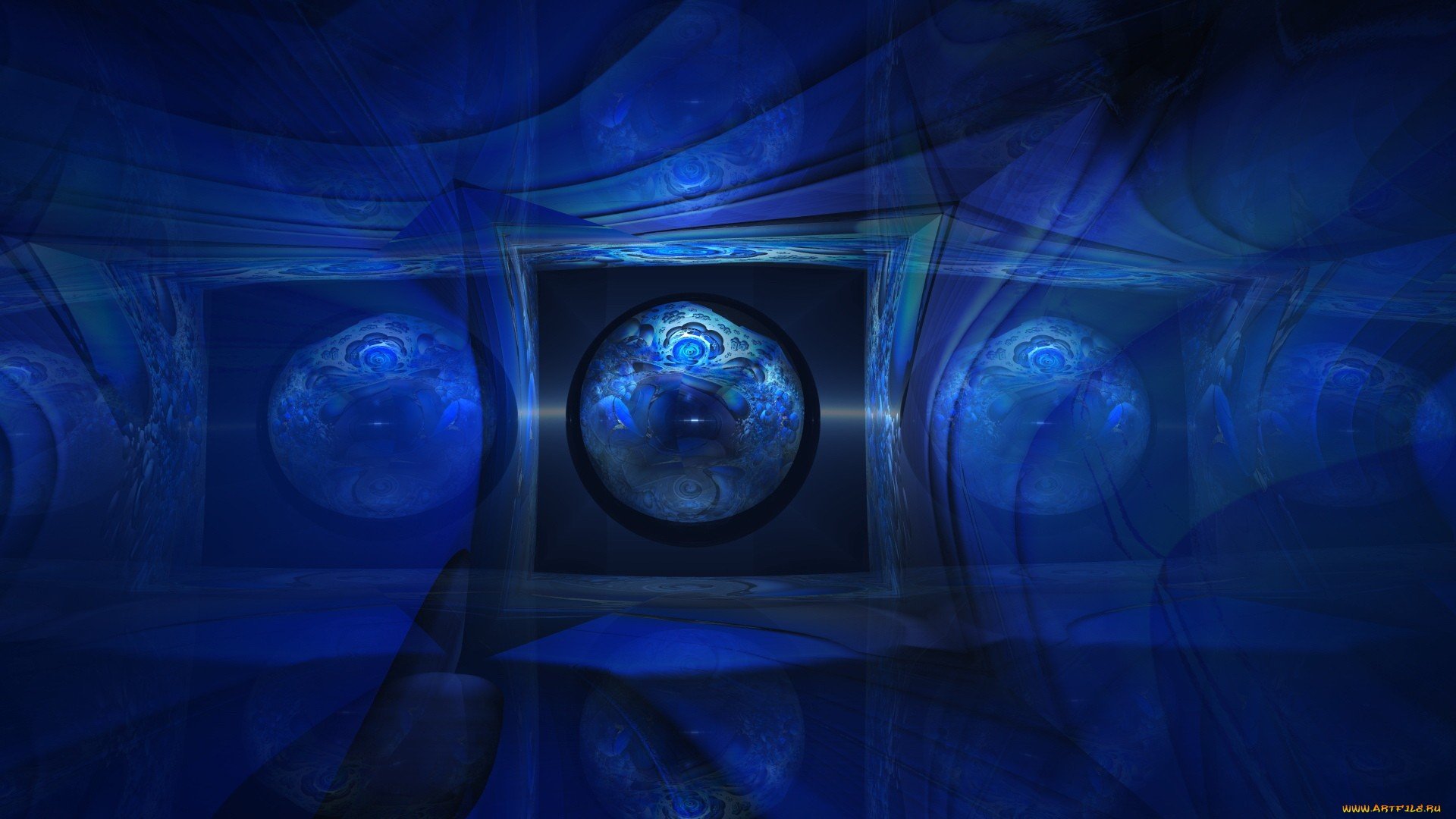 Abstract blue HD desktop wallpaper featuring a central glowing orb surrounded by layered geometric shapes and ethereal blue tones.