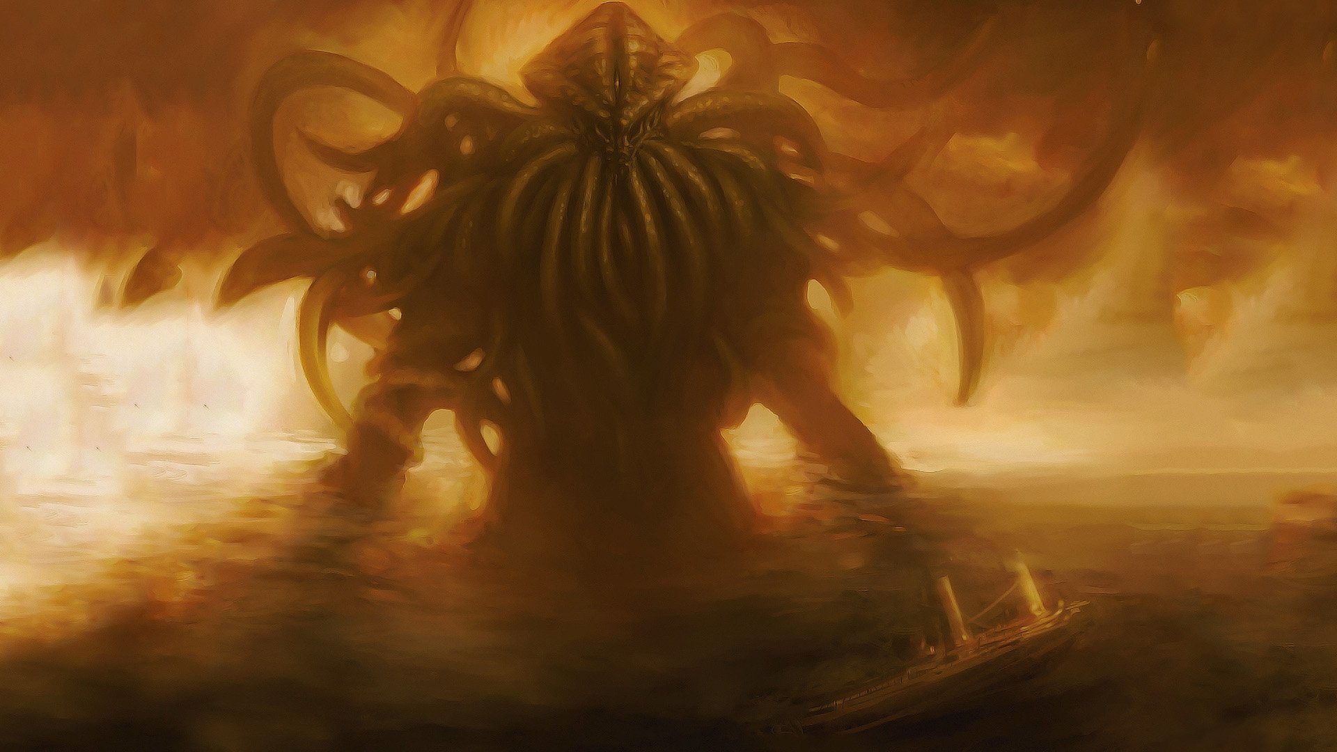 HD fantasy desktop wallpaper depicting a dark, ominous silhouette of Cthulhu rising from the misty waters under a stormy, amber-toned sky.