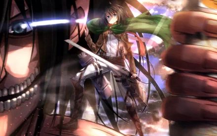 High-definition wallpaper featuring Eren Yeager and Mikasa Ackerman from the anime Attack on Titan, with a dynamic and dramatic background.