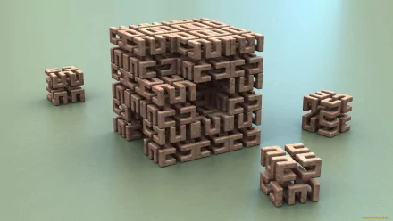 HD PC desktop wallpaper featuring an abstract design of interlocking wooden cubes with intricate geometric patterns on a soft green background.