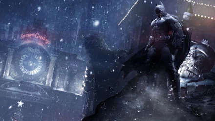 HD wallpaper from the video game Batman: Arkham Origins, featuring Batman standing dramatically on a snowy rooftop with Gotham City in the background.