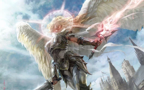 A powerful angelic warrior with wings stands amidst a dramatic sky, wielding a glowing staff, capturing the essence of fantasy in this HD Magic: The Gathering desktop wallpaper.