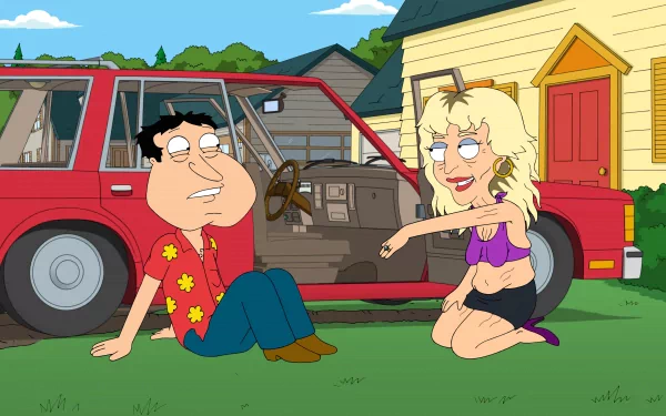 Family Guy 4K Ultra HD PC desktop wallpaper: Quagmire sits by an open red car on a lawn while a blonde woman in a purple top kneels, suburban houses and a yellow house behind them.