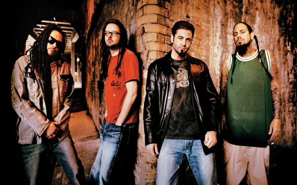HD PC desktop wallpaper featuring the band Korn standing in a dimly lit, rustic alleyway, highlighting their music style and iconic presence.