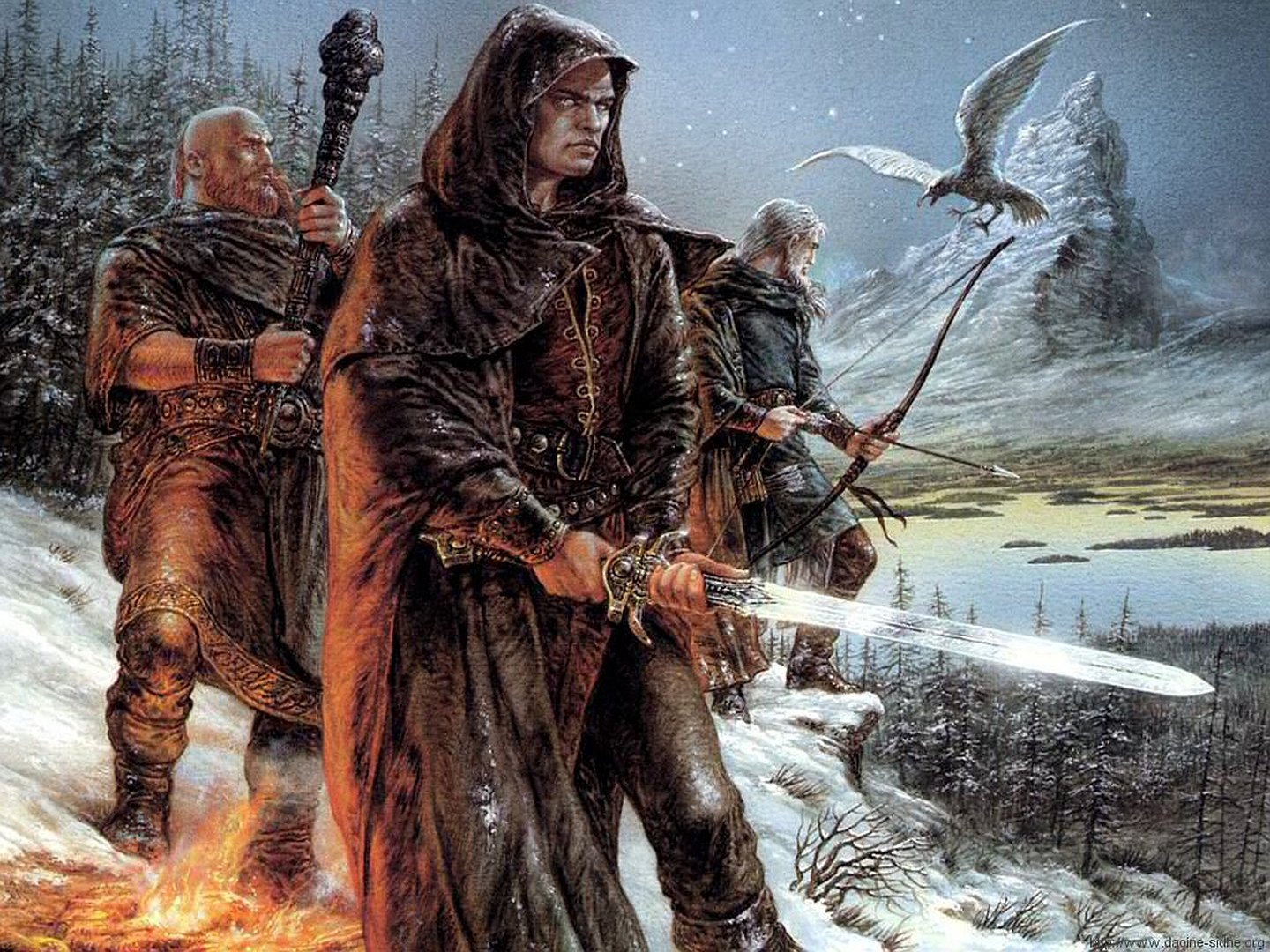 HD fantasy warrior wallpaper featuring three battle-ready warriors in rugged gear amidst a wintry landscape, with a dragon flying over a distant fortress.