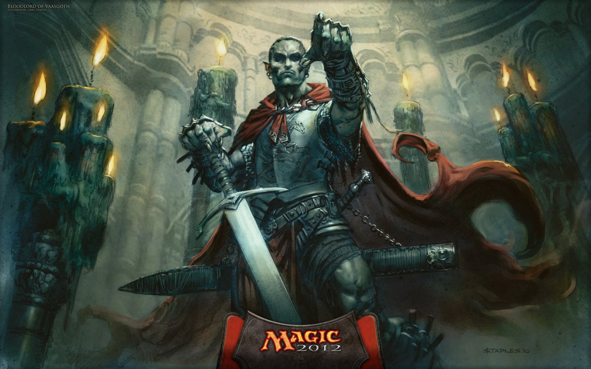 Man-made Magic: The Gathering 2K Quad HD PC desktop wallpaper showing a vampiric armored warrior in a red cloak, sword raised amid candlelit gothic ruins.
