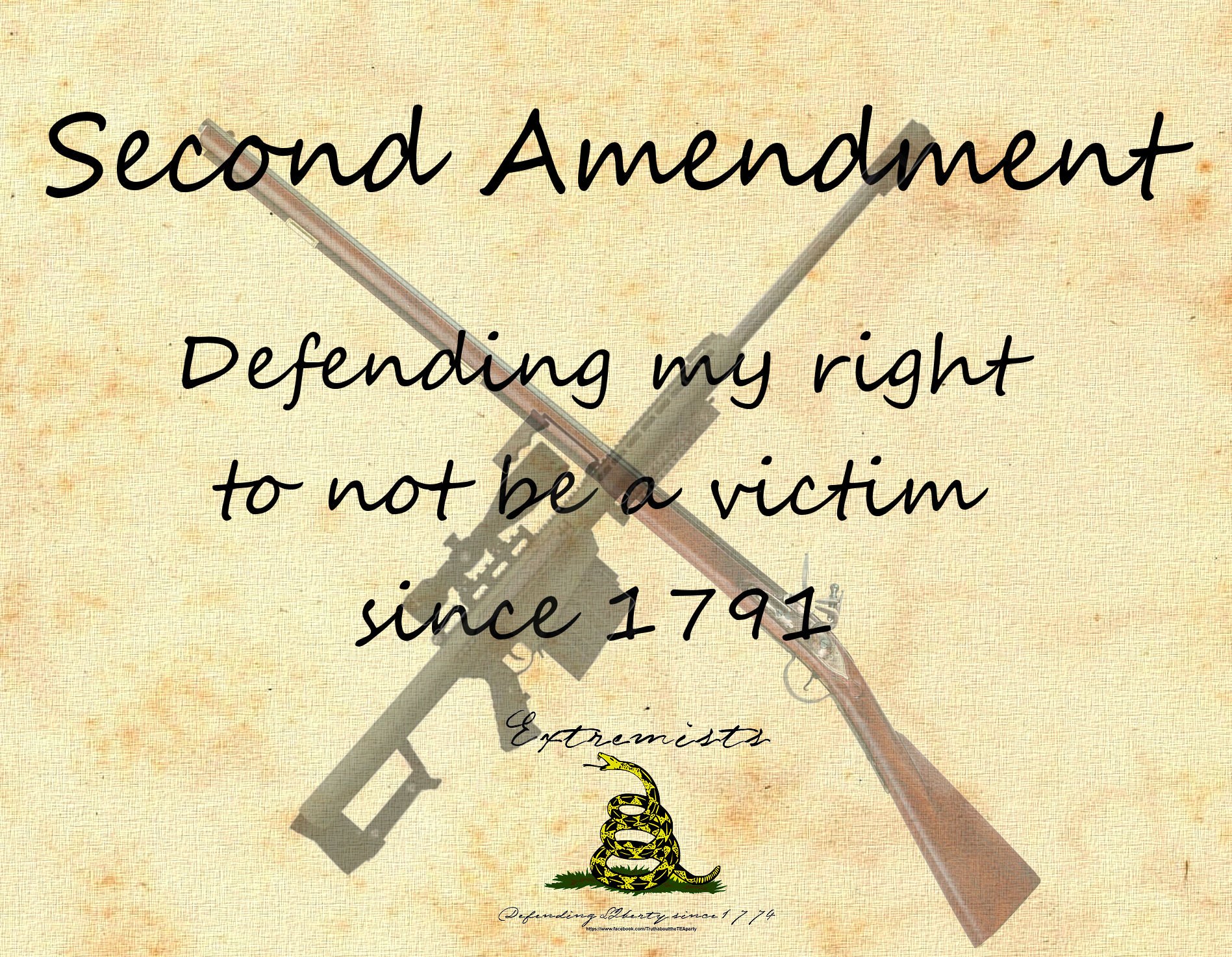 HD PC desktop wallpaper featuring crossed rifles with the text Second Amendment: Defending my right to not be a victim since 1791 on a vintage background.