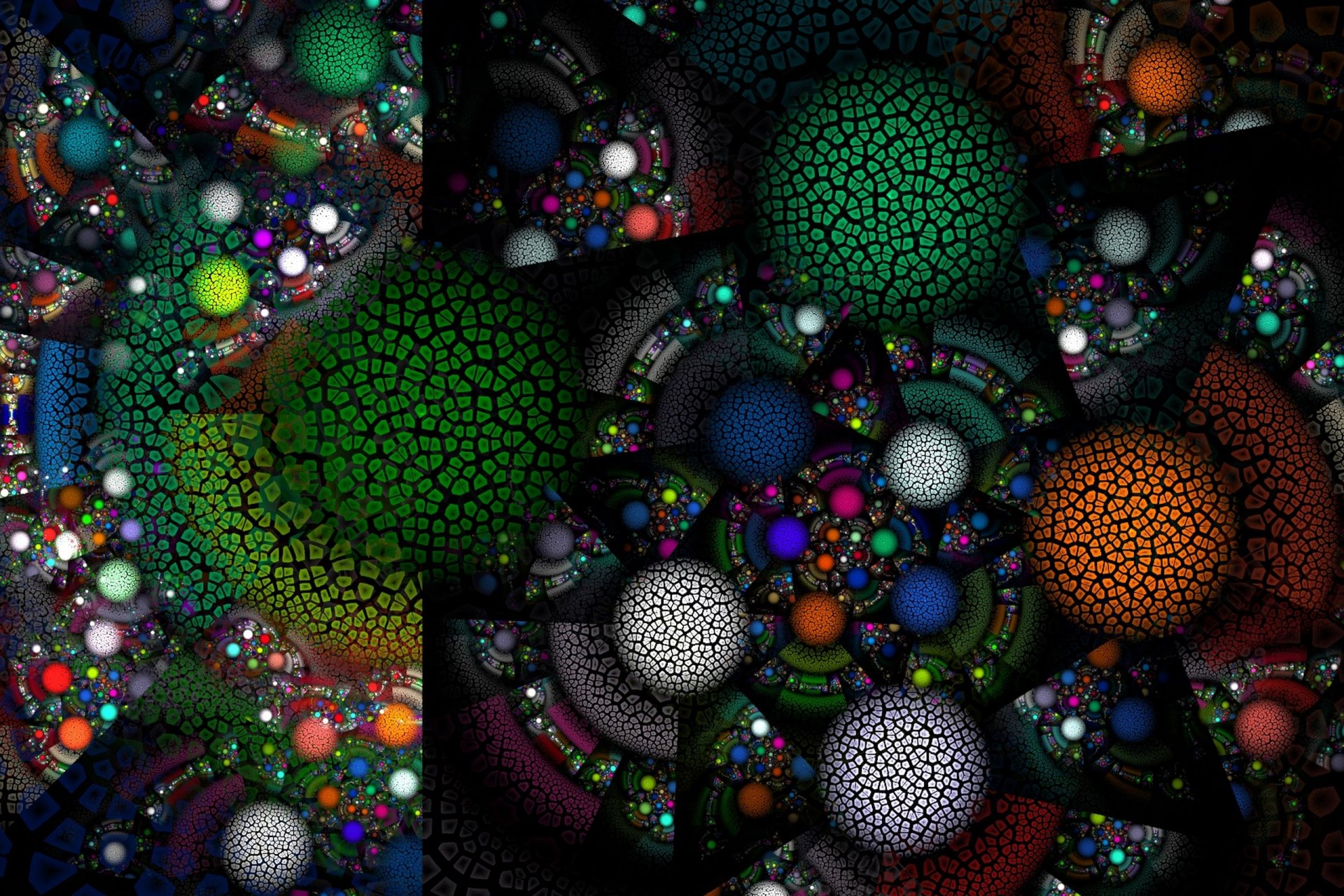 Abstract fractal design featuring colorful mosaic spheres on a dark background, rendered in high definition for a vibrant PC desktop wallpaper and background.