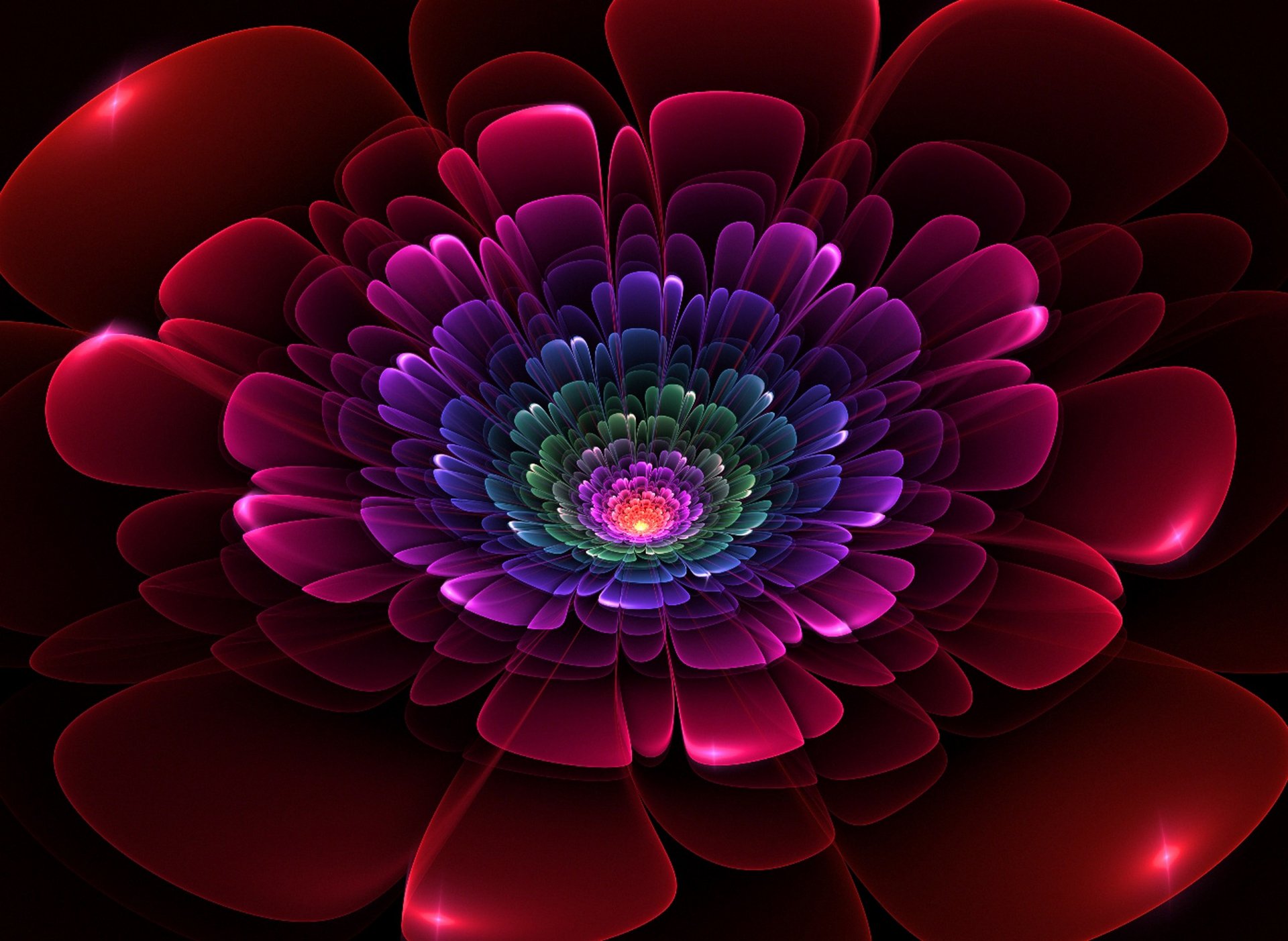 A vibrant, psychedelic fractal flower bursts with colors, showcasing a mesmerizing blend of deep reds and vivid purples, creating an abstract and trippy design for an HD desktop wallpaper.