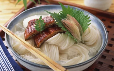 A beautifully presented bowl of fish on a bed of noodles, garnished with fresh herbs, capturing the essence of Japanese cuisine. This HD wallpaper showcases vibrant food art.