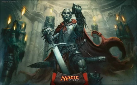 Man-made Magic: The Gathering 2K Quad HD PC desktop wallpaper showing a vampiric armored warrior in a red cloak, sword raised amid candlelit gothic ruins.