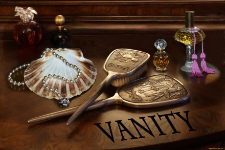 Vintage vanity items, including ornate brushes, perfume bottles, and a shell with pearls, arranged on a wooden surface. HD desktop wallpaper and background with the word Vanity displayed.