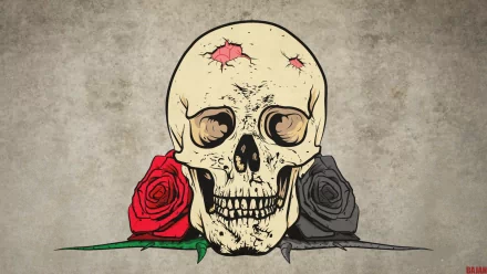 Dark-themed HD desktop wallpaper featuring a skull surrounded by red and black roses, blending elements of beauty and mortality in an striking artistic design.