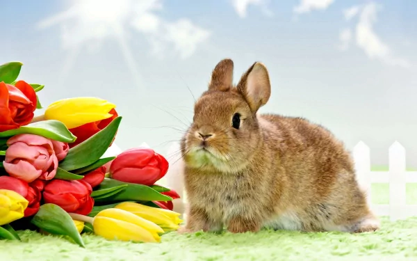 A cute rabbit sits beside a vibrant bouquet of tulips against a bright, sunny background, creating a charming and colorful 4K Ultra HD desktop wallpaper.