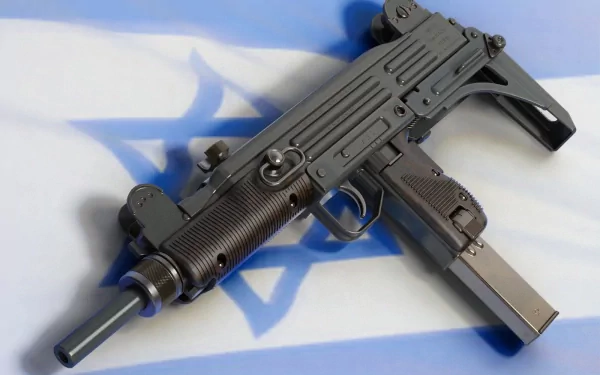 HD desktop wallpaper featuring a close-up of a man-made Uzi submachine gun resting on a surface with a blue and white background.