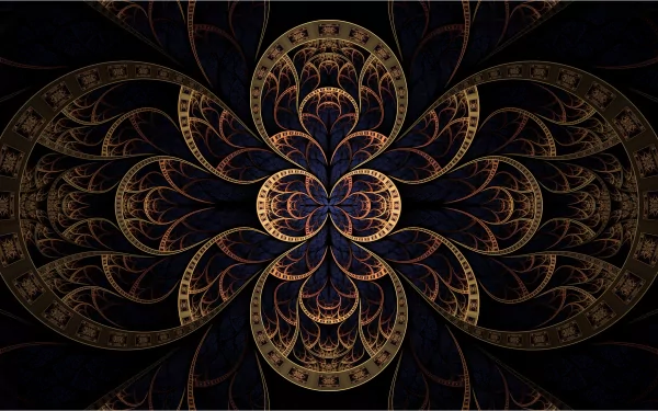An intricate abstract fractal design featuring swirling patterns in gold and dark hues, serving as a striking HD desktop wallpaper and background.
