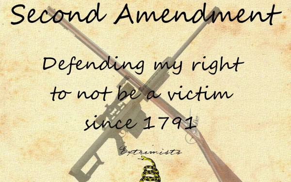 HD PC desktop wallpaper featuring crossed rifles with the text Second Amendment: Defending my right to not be a victim since 1791 on a vintage background.