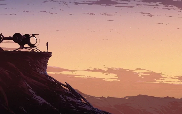 HD PC desktop wallpaper from the movie Oblivion (2013): lone figure beside a futuristic craft on a cliff at sunset, vast pastel sky over distant mountains.