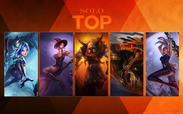 HD PC desktop wallpaper for the video game League of Legends showing Lux, Irelia, Renekton, Olaf and Riven in five vertical panels over an orange SOLO TOP backdrop.