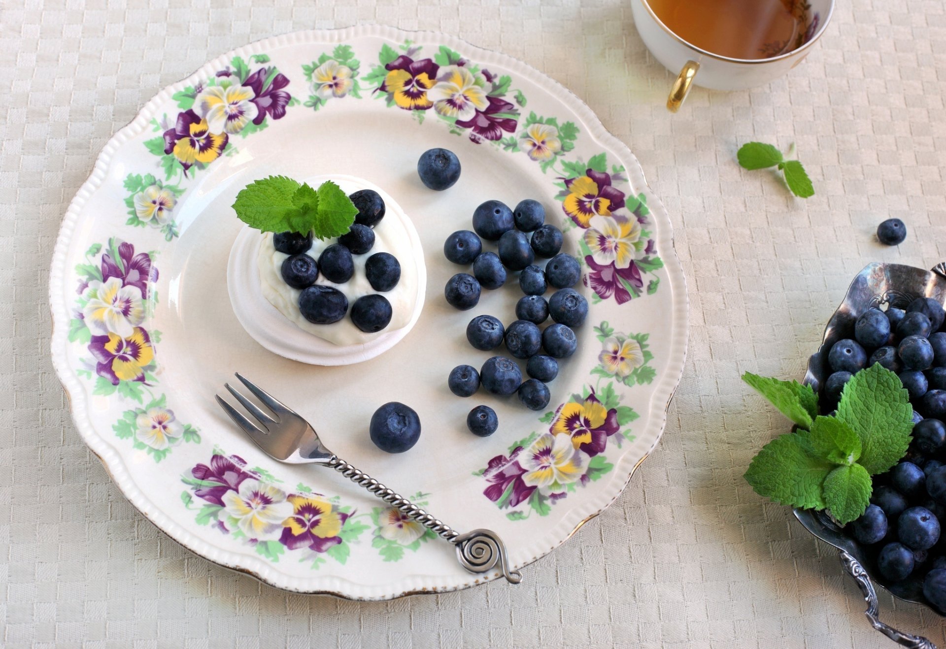 HD desktop wallpaper featuring a delicate plate with fresh blueberries and a garnish of mint, highlighting vibrant food colors and textures.