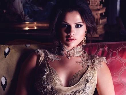 HD desktop wallpaper of Selena Gomez in a stylish lace outfit, tagged with music.
