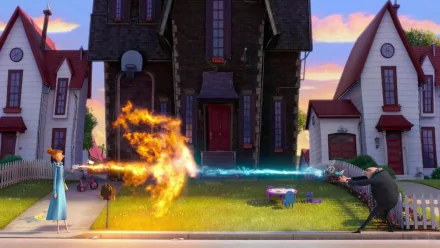 HD PC desktop wallpaper from Despicable Me 2 featuring Lucy and Gru using their powers in front of a suburban house during sunset.